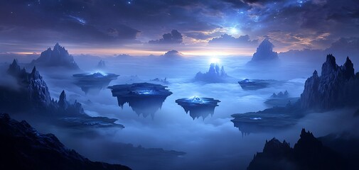 A vast desolate landscape with floating islands and thick fog illuminated by celestial light.