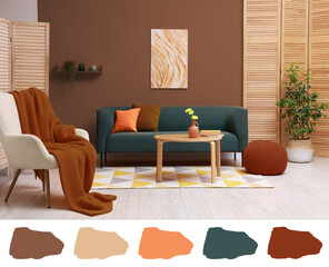 Poster - Stylish living room with elements in mocha mousse shade. Interior design and matching color palette