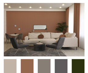 Poster - Stylish living room with elements in mocha mousse shade. Interior design and matching color palette