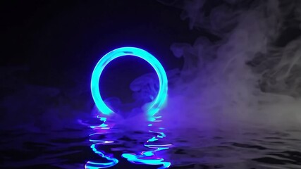 Leinwandbilder - Glowing blue neon ring with smoke and reflection on water surface, futuristic concept