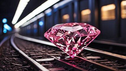 a large, faceted red gemstone resting on railroad tracks
