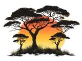 Silhouette of acacia trees at sunset in African savanna landscape with grass and orange sky background.