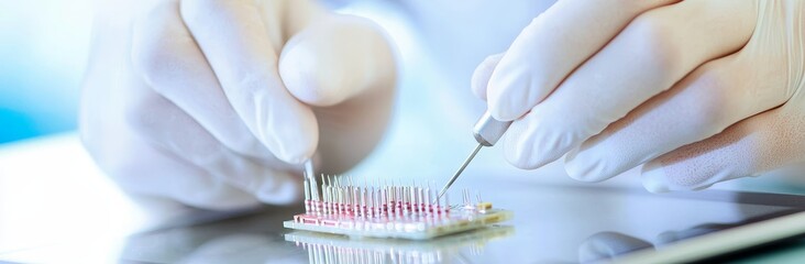 Leinwandbilder - A close-up of a laptop circuit board. A technician uses a welding machine to solder a microchip. A professional works on PC maintenance at a computer service. A man in gloves repairs electronics and