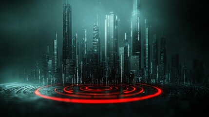 Fototapete - A 3D rendering showcasing an abstract background of technology and digital data, highlighting data analysis and access to digital information, set in a digital cyberspace with particles and network