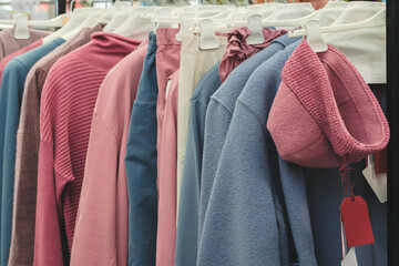 Poster - A rack of clothes with a pink hoodie on the right. The clothes are hanging on a rack and are of different colors