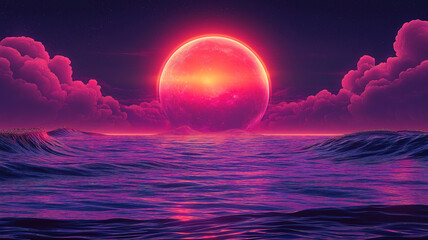 Wall Mural - full and new moon phases in a starry sky with vibrant neon rays and glowing water waves