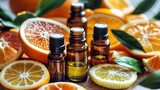 Citrus essential oil bottles with sliced lemons and oranges