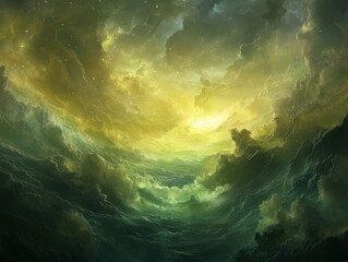 Wall Mural - ethereal nebula cloudscape abstract dreamscape with golden light and swirling green mists