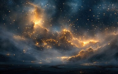 Wall Mural - Dreamy Cosmic Landscape with Golden Stars and Ethereal Nebula Clouds
