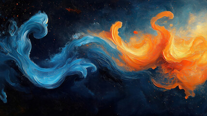 Wall Mural - blue and orange flames swirling against a deep dark backdrop with fluid patterns symbolizing energy