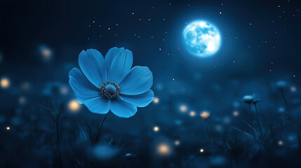 Wall Mural - Breathtaking view of a dark cosmos flower illuminated by the full moon against the night sky