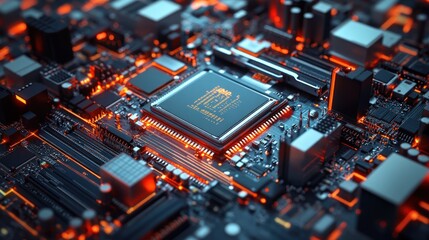 Close-up of advanced circuit board with glowing processor. Potential use Educational illustration of computer architecture