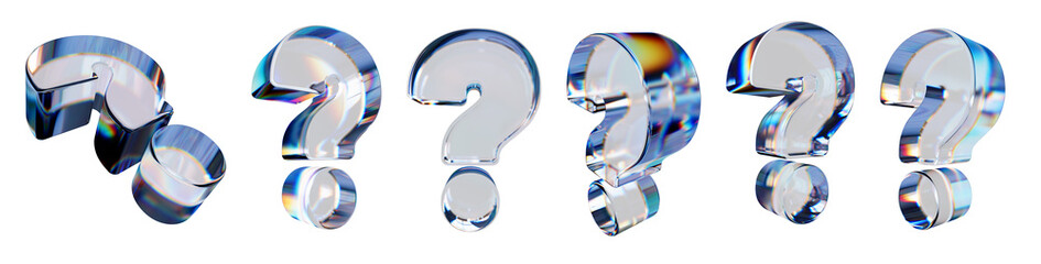 set of 3d transparent glossy question mark with dispersion effect. rainbow colors reflection glass. 