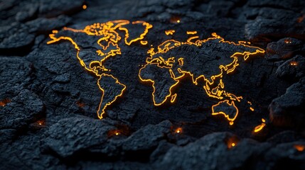 an artistic representation of the world map with glowing orange lines on a textured dark surface, sy
