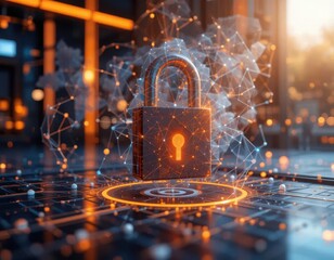 Security zero trust concept. A digital padlock surrounded by glowing network connections, symbolizing security and data protection in a tech environment.