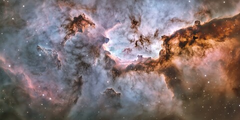 Wall Mural - Cosmic nebula with purple and orange clouds in deep space. Stellar dust with glowing light and ethereal texture. Galactic scene with vast celestial haze.
