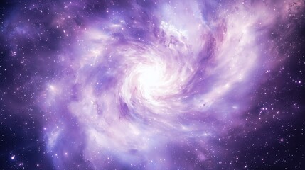 Wall Mural - Cosmic spiral galaxy with purple clouds and white core in starry space. Nebula with glowing center and dark expanse. Mystical universe scene with ethereal hues and vast depth.