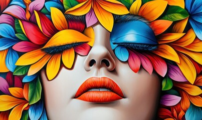 Wall Mural - a woman's face is beautifully decorated with brightly colored flowers, in a digital painting style.