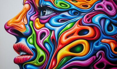 Wall Mural - abstract and vibrant, an artistic portrait of a face emerges through psychedelic, colorful design.