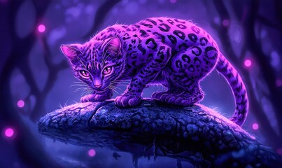 Wall Mural - a vibrant purple jaguar with glowing eyes is perched on a mossy branch in a magical forest.