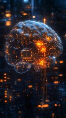 Wall Mural - Digital glowing brain representing advanced intelligence over network circuitry backdrop