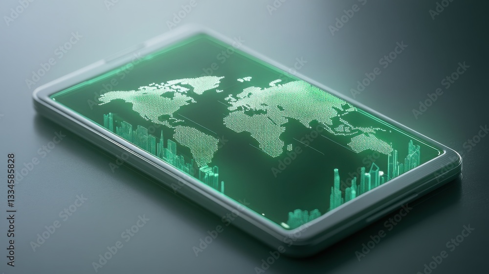 A futuristic travel app displaying an AI-powered digital world map ...