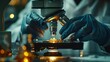 © AlexandraRooss - Detailed close up of gloved hands carefully positioning tiny golden particles under the microscope lens for scientific research and analysis in a laboratory setting