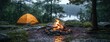 © ryker - serene camping scene featuring vibrant orange tent beside glowing campfire. tranquil lake and lush greenery create peaceful atmosphere, perfect for outdoor adventures