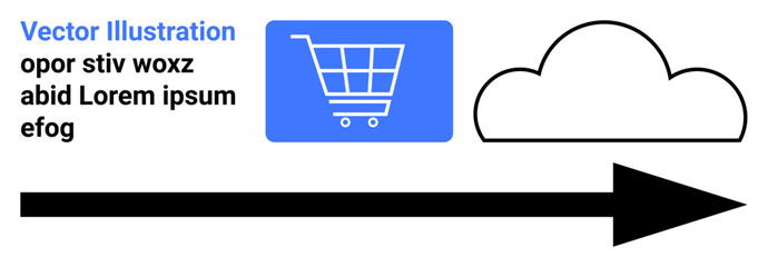 Shopping cart within a blue box, cloud icon, and a black arrow symbolizing e-commerce, cloud computing, and data transfer. Ideal for online shopping, cloud applications, e-commerce platforms