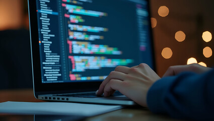 Flat Closeup coding screen woman hands coding HTML programming laptop concept as Woman coding HTML on a laptop screen emphasizes development and programming in  Simple flat cute vector illustration of