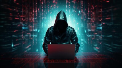 Enigmatic hooded figure immersed in cyberspace, manipulating data streams on a laptop amidst a vibrant digital matrix environment symbolizing modern technology and network security