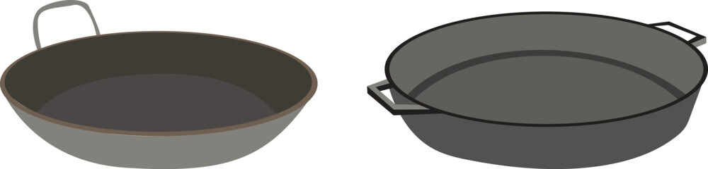 A black pan with a handle is shown on the left side of the image