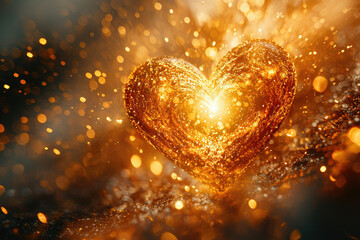 Poster - A radiant golden heart, sparkling with light and surrounded by shimmering bokeh, symbolizes love and passion.