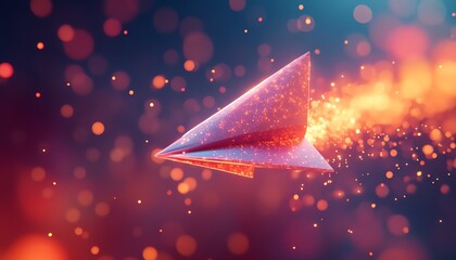 Poster - A dynamic paper airplane flying through vibrant color bursts, symbolizing creativity and innovation, with digital elements enhancing the movement, bright tones, highresolution, 8K