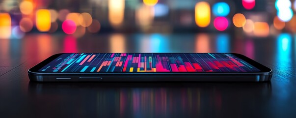 Poster - A modern smartphone with vibrant data visualization graphs on the screen