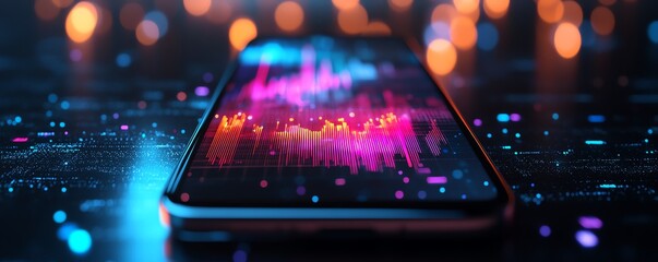 Aufkleber - A modern smartphone with vibrant data visualization graphs on the screen