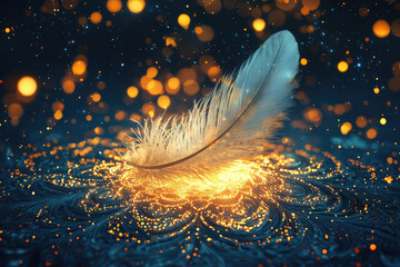 Poster - A single feather rests gently on a glowing, ornate surface, surrounded by sparkling golden lights, creating a magical, ethereal scene.