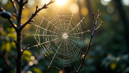 delicate spider web glistens in morning light, suspended between branches in lush forest. intricate design showcases nature artistry, creating serene atmosphere