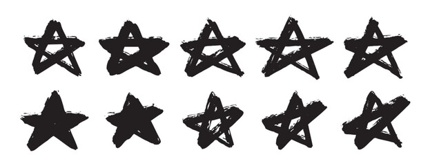 grunge stars doodle set. brush stroke texture, stained distress style stars set. punk rock posters, banners, labels. dirty stars elements