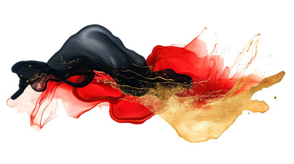 Wall Mural - one single red, black and golden alcohol ink abstract splash stain isolated on white or transparent 