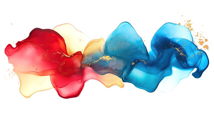 Wall Mural - one single blue, red and golden alcohol ink abstract splash stain isolated on white or transparent b