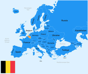  Belgium vector map, Europe. Editable Vector map silhouette illustration isolated on Europe, highlighted at Belgium, with flag, country name, border, and capital city.