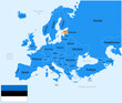 © Puake - Estonia vector map, Europe. Editable Vector map silhouette illustration isolated on Europe, highlighted at Estonia, with flag, country name, border, and capital city.