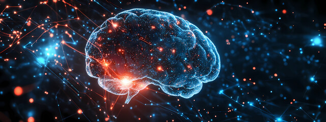 Wall Mural - Neural Brain Network in a High-Tech Cyber Space