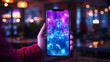 © Mukhlesur - Woman scrolling through a mobile app with neon blue and purple lighting, social media concept