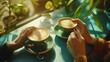© AlexandraRooss - Relaxing Moment: Two Cups of Cappuccino Artfully Served in a Cozy Cafe with Lush Greenery and Bright Sunlight