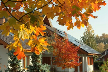 Solar panels or a photovoltaic array mounted on the roof of a residential building