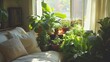 © AlexandraRooss - Sun-Drenched Sanctuary: An Indoor Garden Oasis with Lush Green Plants and a Comfortable Sofa Beckoning Relaxation and Tranquility