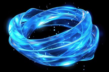 Abstract blue glowing swirling rings against a dark background with floating particles
