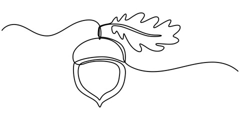 Acorn in one line black color on white background. Acorn design in line art style. Acorn icon design, One line art acorn. Single line art. Nature illustration for design, Acorn. Vector illustration.